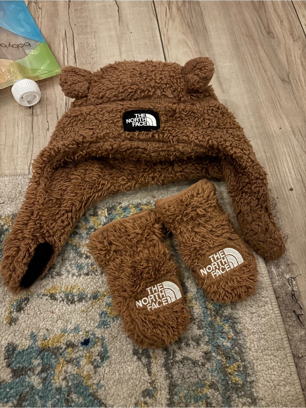 The North Face Brown Fleece Bear Ear Hat with Matching Mittens
